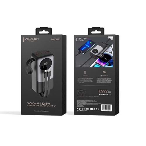 Venandin Opulix PWB30A1 30.000 Mah Led Göstergeli 22.5w Hızlı Kendinden kablolu Powerbank
