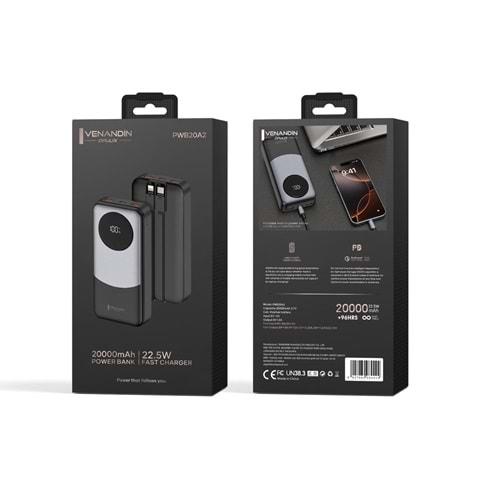 Venandin Opulix PWB20A2 20.000 Mah Led Göstergeli 22.5w Hızlı Kendinden kablolu Powerbank