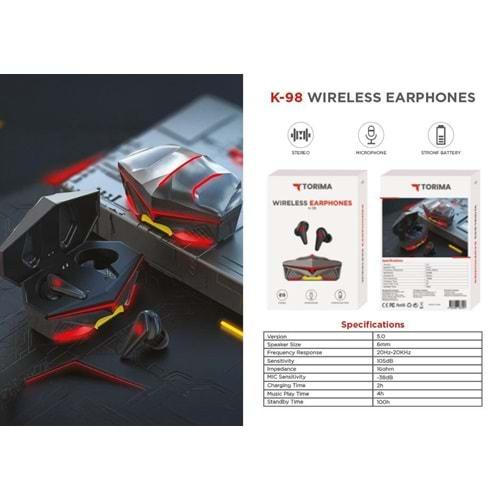 Torima K-98 Led Işıklı Kulakiçi Kablosuz Bluetooth 5.0 Metal Kasa Gaming Kulaklık