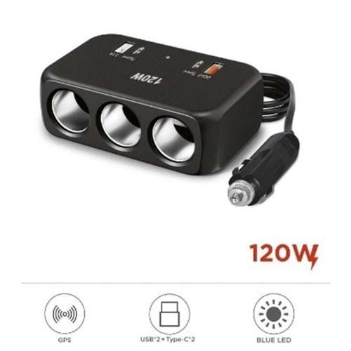 TORİMA G18 Siyah 120W Çoklu Çıkışlı Araç Şarj Cihazı – 2x Type-C, USB, QC4.0 & 3 Çakmaklık Girişli