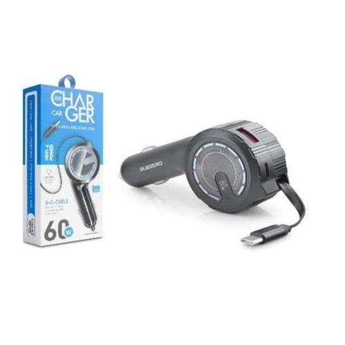 Subzero CR66 60W Type-C Girişli Kendinden Makaralı kablolu Araç Şarj Aleti